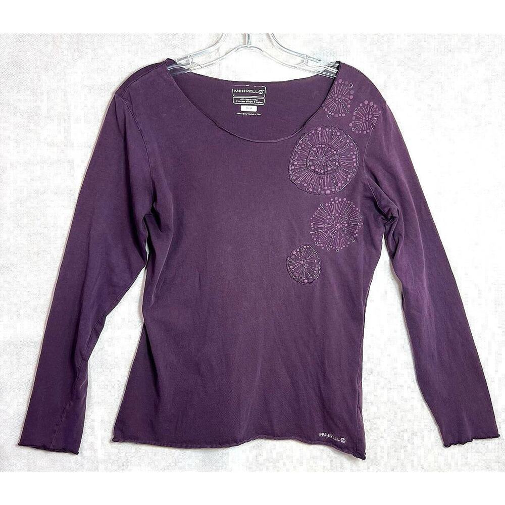 Women's M Merrell Long Sleeve T-Shirt Rolled Hems Purple Medium Embroidered Top